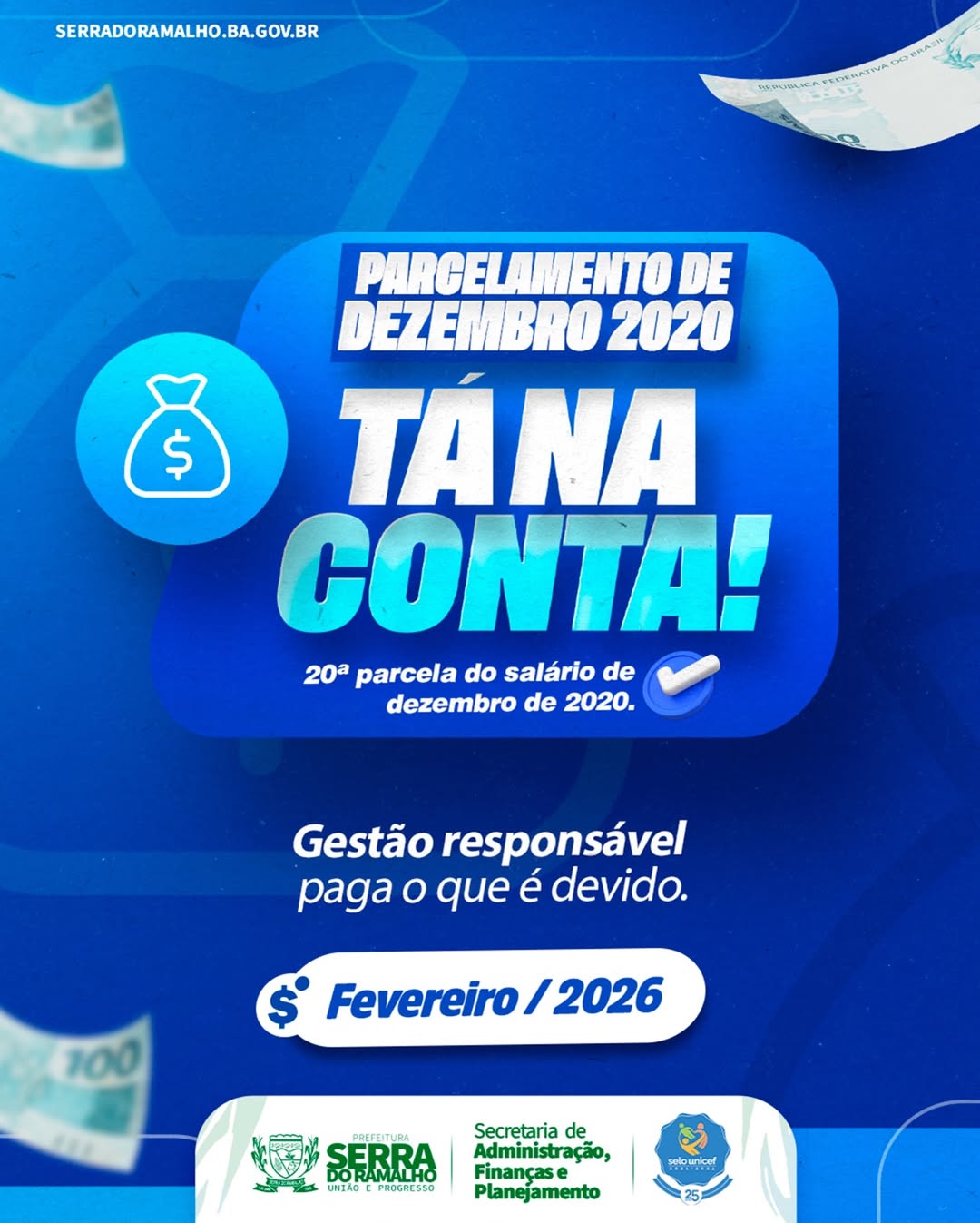 20ª parcela do salário de dezembro de 2020 é paga aos servidores municipais