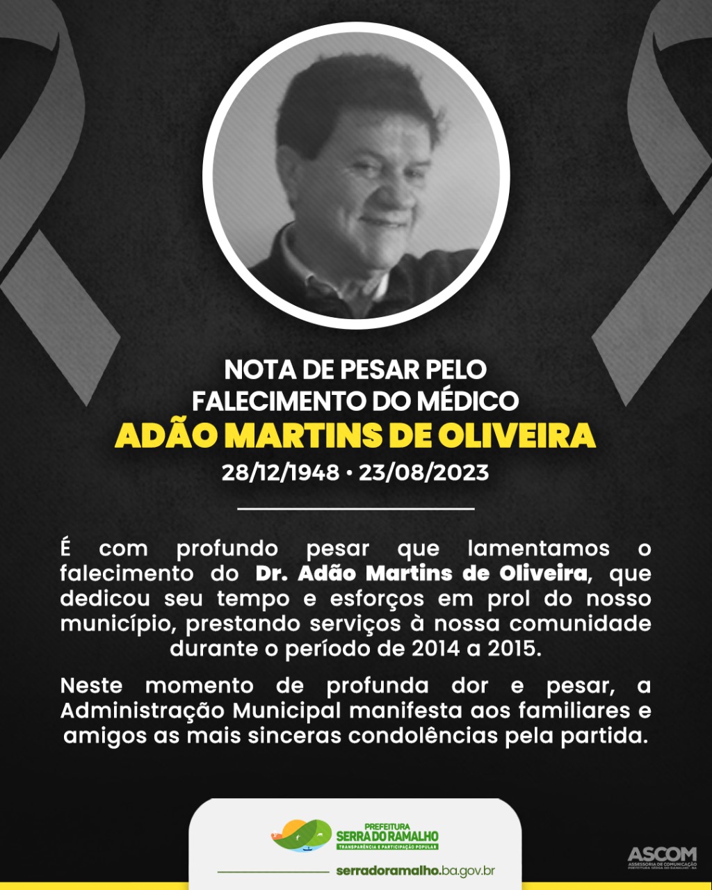 lamentamos o falecimento do Dr. Adão Martins de Oliveira