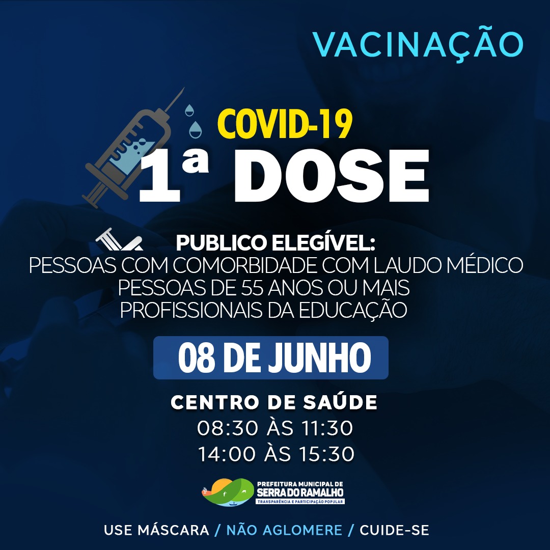 Vacinação Covid-19 , 1º dose público elegível: pessoas com comorbidade com laudo médico, pessoas de 55 anos ou mais e profissionais da educação.