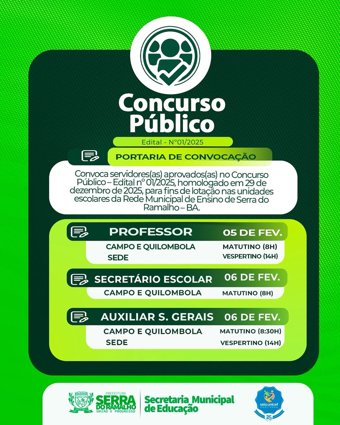 Educação convoca aprovados no Concurso Público para lotação na Rede Municipal de Ensino