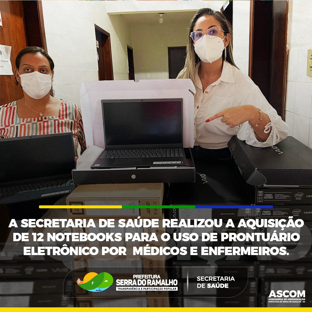 A Secretaria de Saúde realizou a aquisição de 12 notebooks para médicos e enfermeiros da Atenção Básica do município, para que possam trabalhar com prontuário eletrônico nas sedes do PSF e Unidades Satélites, e agora, contamos com 100% das Unidades totalm