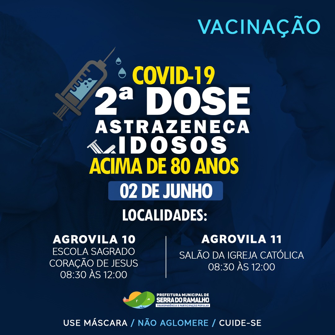 Vacinação contra Covid-19, 2º dose Astrazenica para idosos acima de 80 anos dia 02 de junho de 2021.