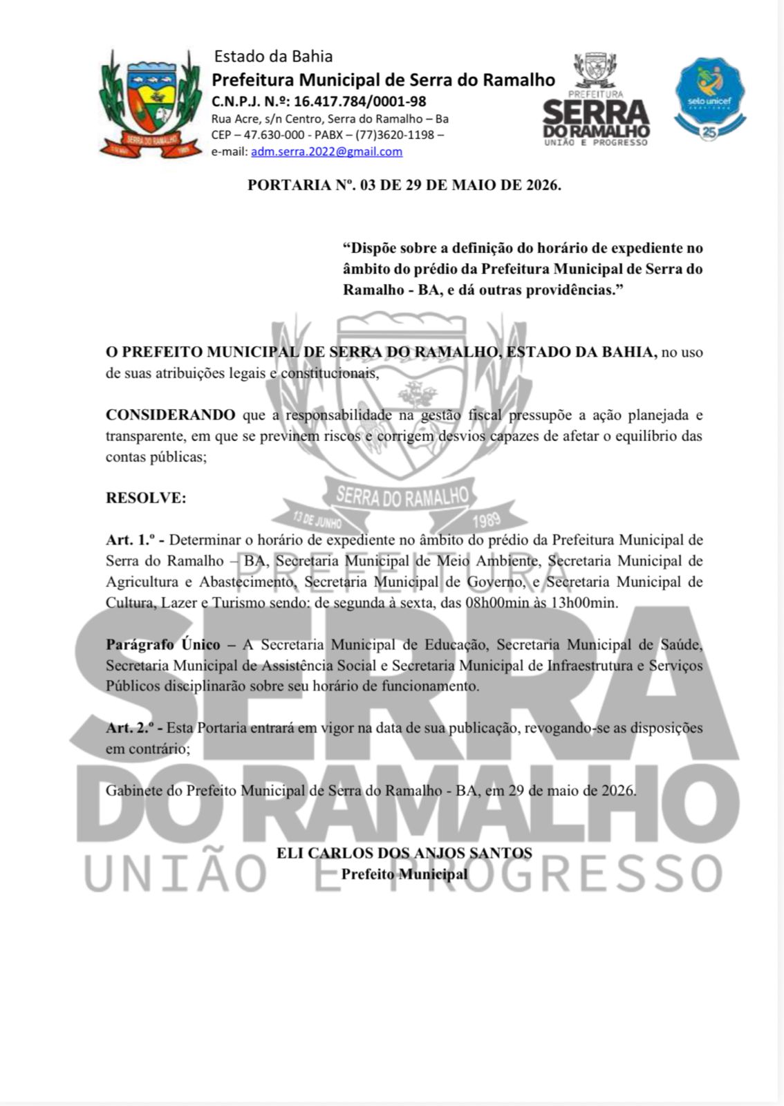 Portaria Define Expediente das 8h às 13h em Setores da Prefeitura de Serra do Ramalho
