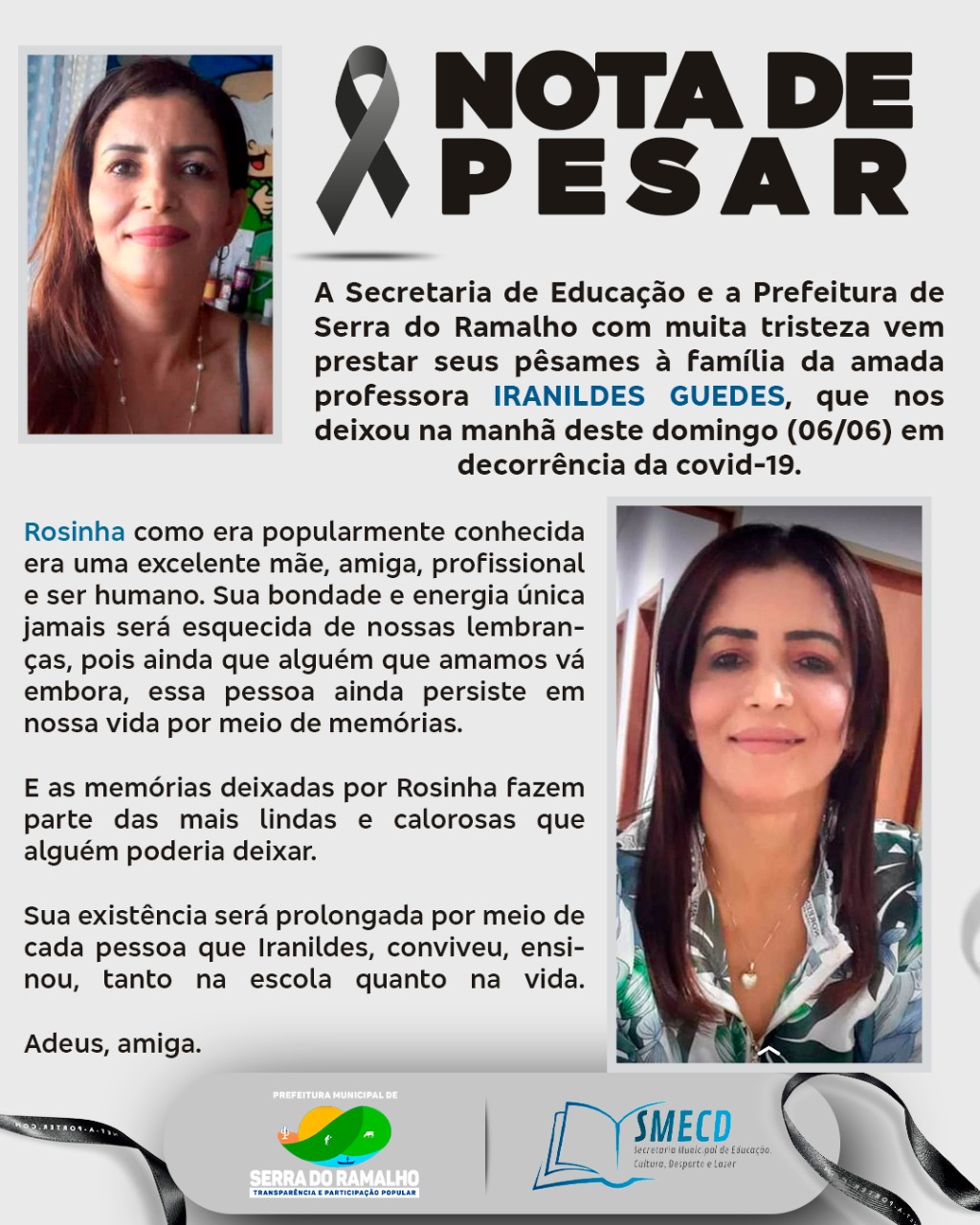 Nota de falecimento , professora Aranildes Guedes dia 06/06/2021 em decorrencia da Covid-19.