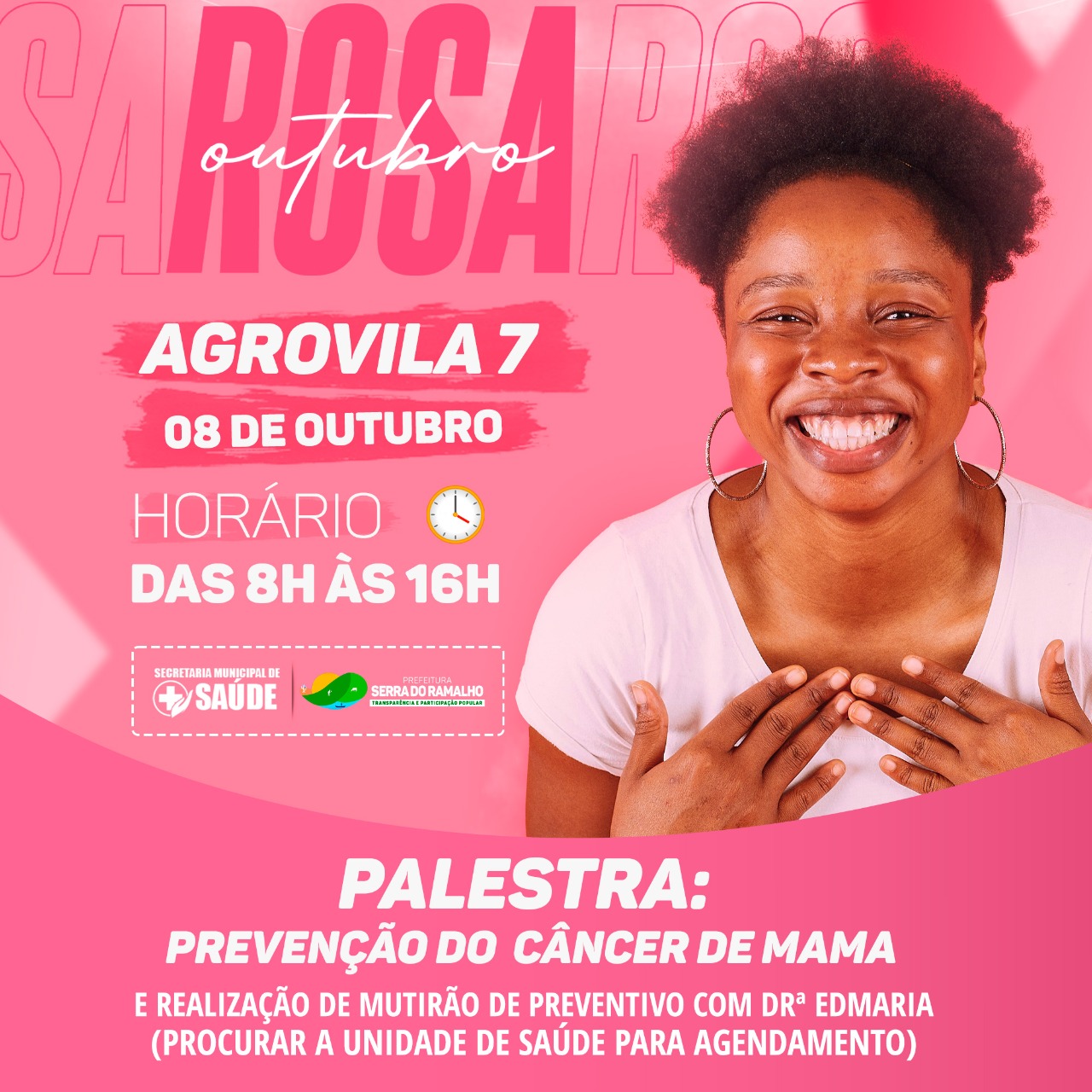 A Prefeitura de Serra do Ramalho, a partir da Secretaria de Saúde convida todas da agrovila 07 no para uma importante palestra amanhã (08/10), sexta-feira das 8h às 16h.