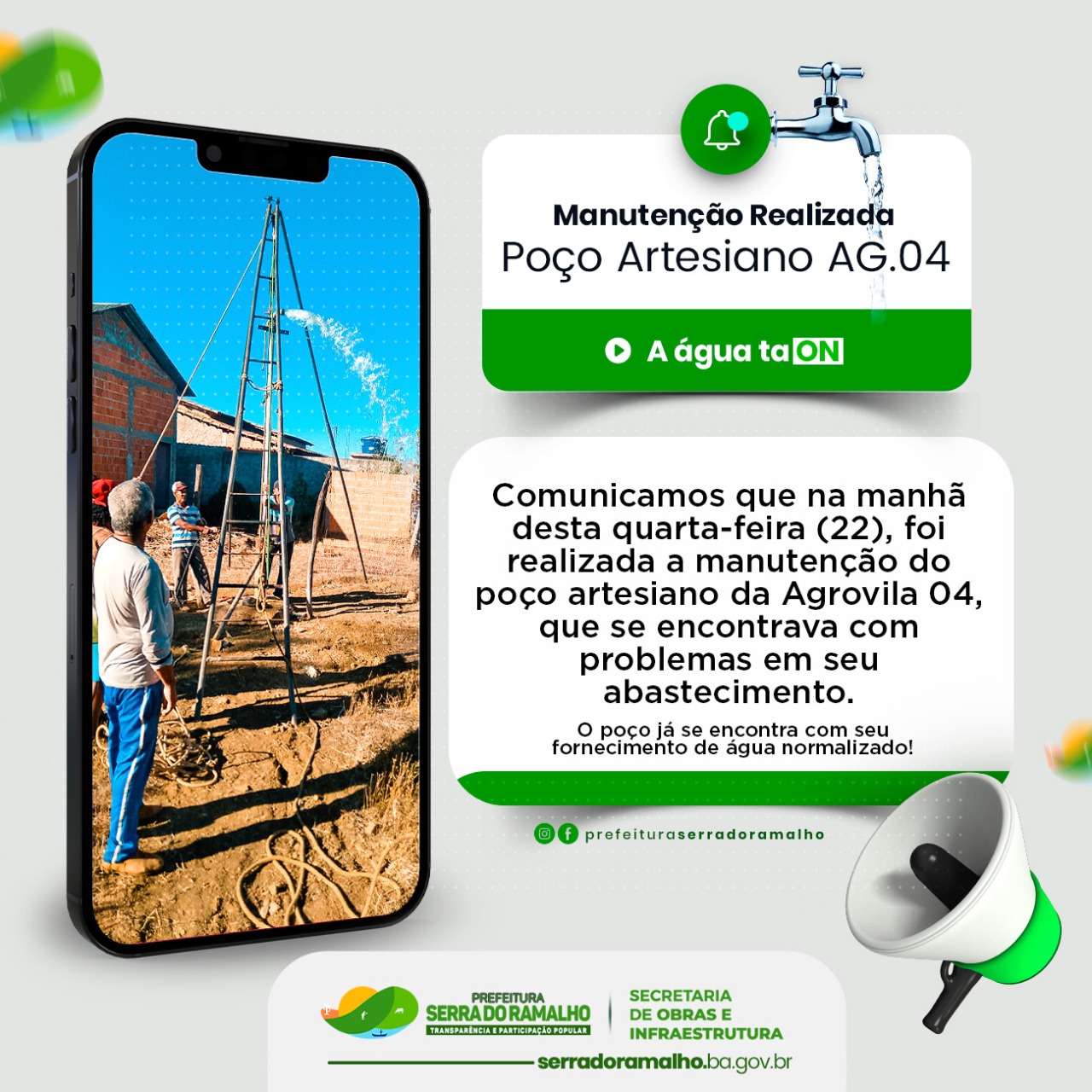 Comunicamos que na manhã desta quarta-feira (22), foi realizada a manutenção do poço artesiano da Agrovila 04, que se encontrava com problemas em seu abastecimento.