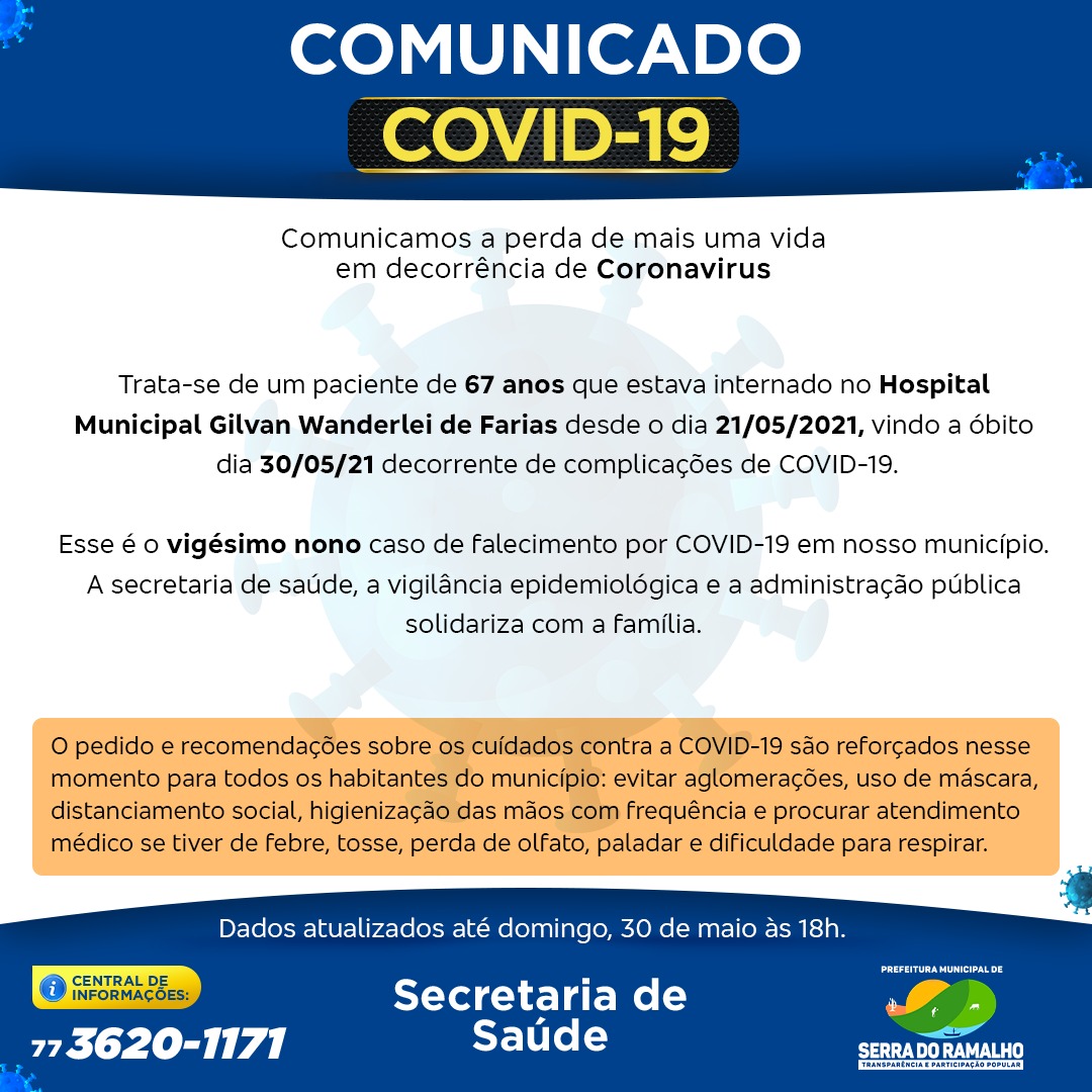 29 Óbito Trata-se de um paciente de 67 anos que estava internado no Hospital Municipal Gilvan Wanderley de Farias desde o dia 21/05/21, vindo a óbito no dia 30/05/21 decorrente de complicações de COVID 19.