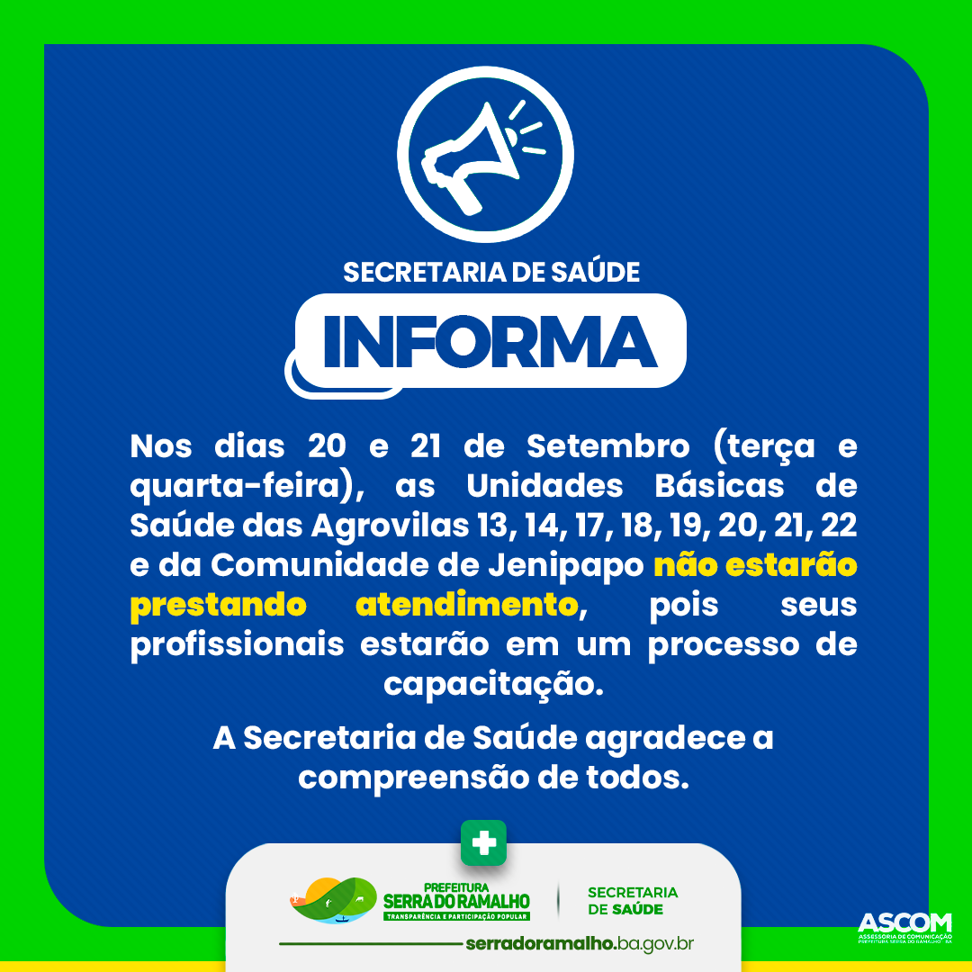 COMUNICADO: Unidades Básicas de Saúde não estarão prestando atendimento nos dias 20 e 21 de Setembro, confira quais Unidades.