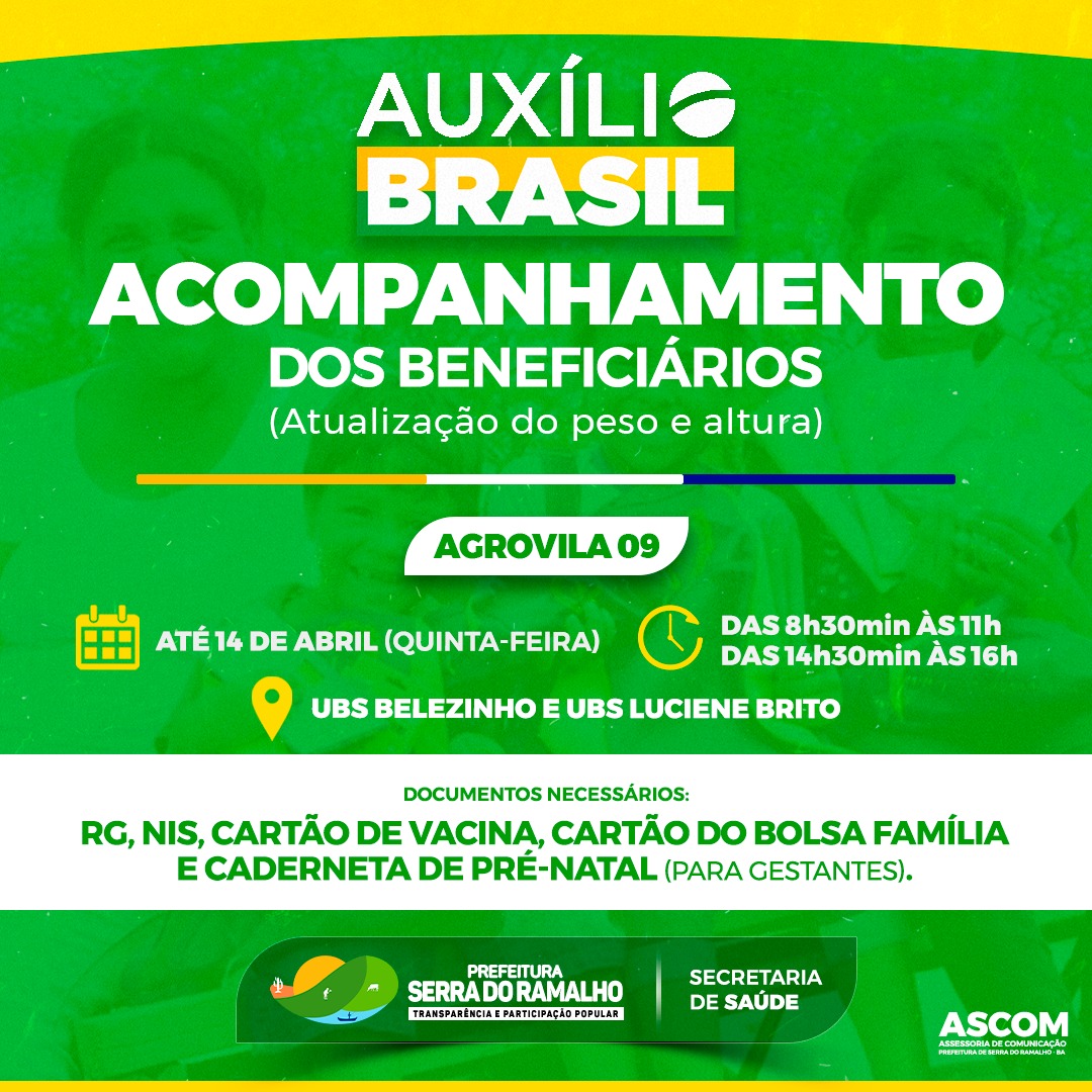 Atenção Agrovila 09!!! Até o dia 14 de abril (quinta-feira) está sendo realizado nas UBS Belenzinho e Luciene Brito (Santa Eulália), o cadastro do Auxílio Brasil.