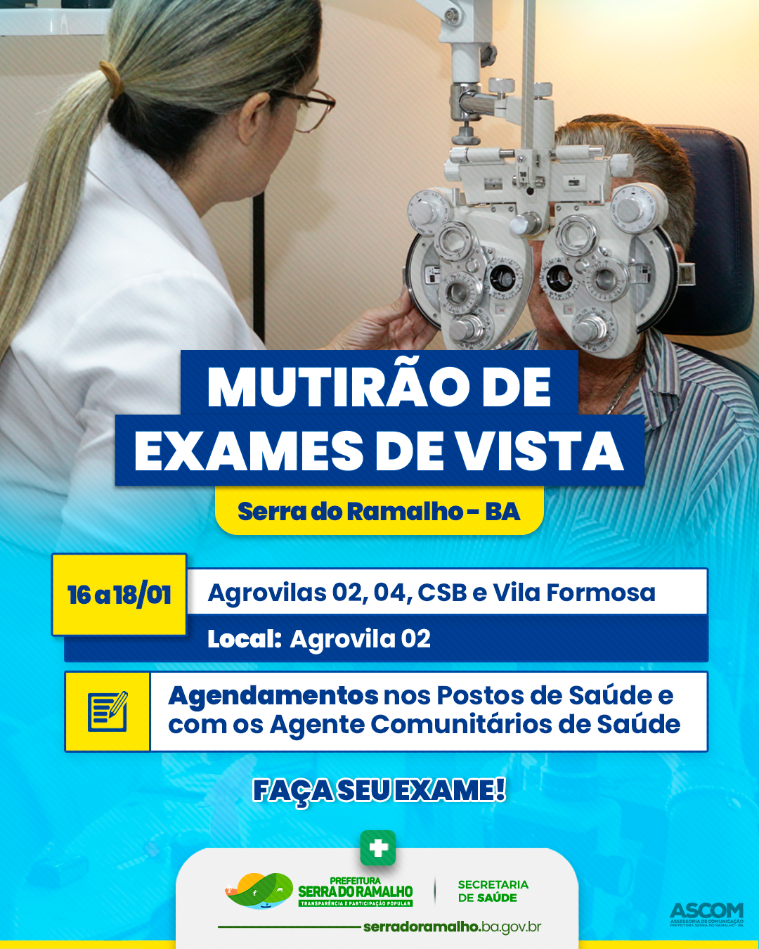 Hoje é o último dia da carreta do Mutirão de exames de vista na Agrovila 2.