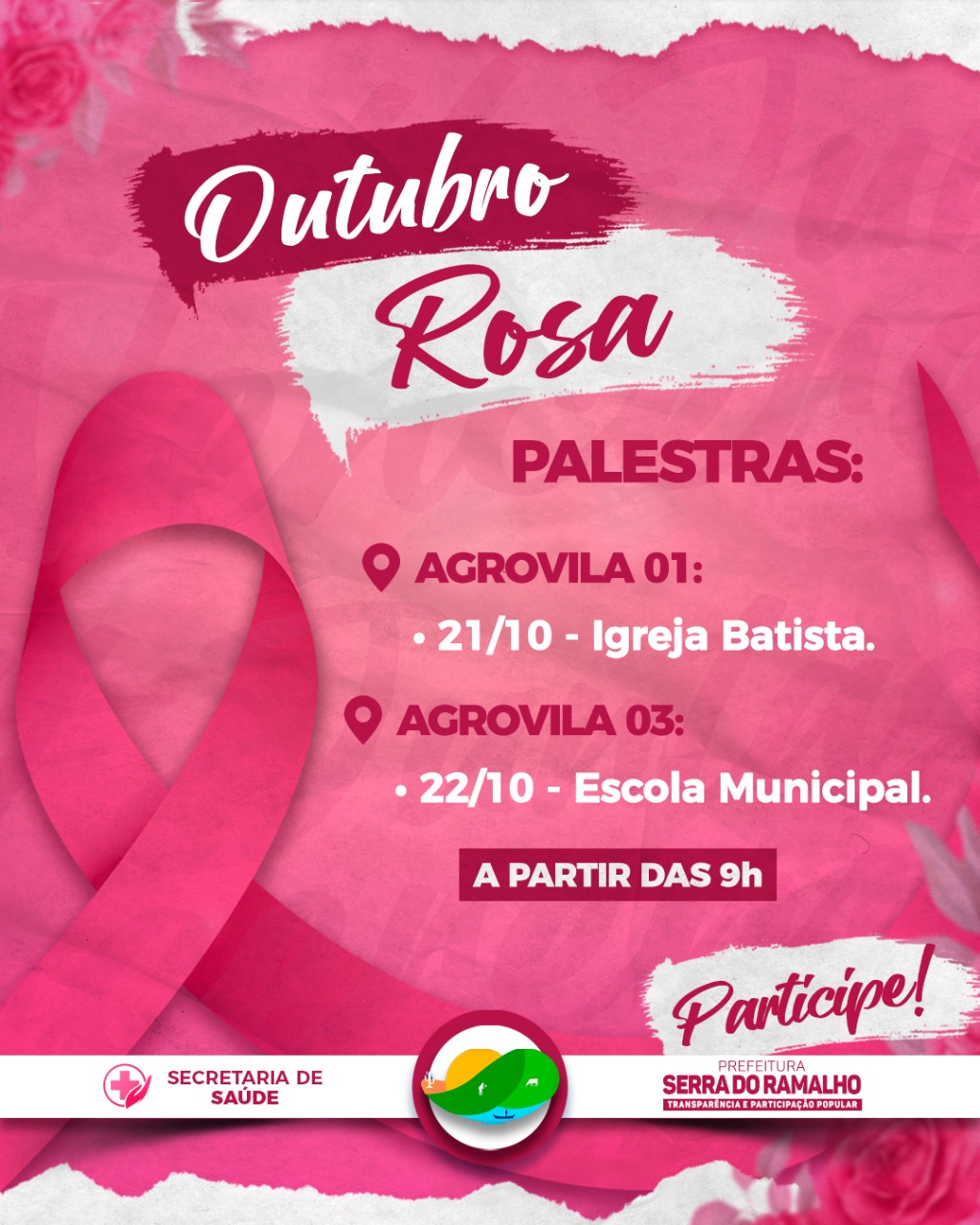 Seguindo o cronograma da Campanha do Outubro Rosa, a Prefeitura de Serra do Ramalho por meio da Secretaria de Saúde convida todas as mulheres das Agrovilas 01 e 03 para palestras que ocorrerão nas referidas comunidades.