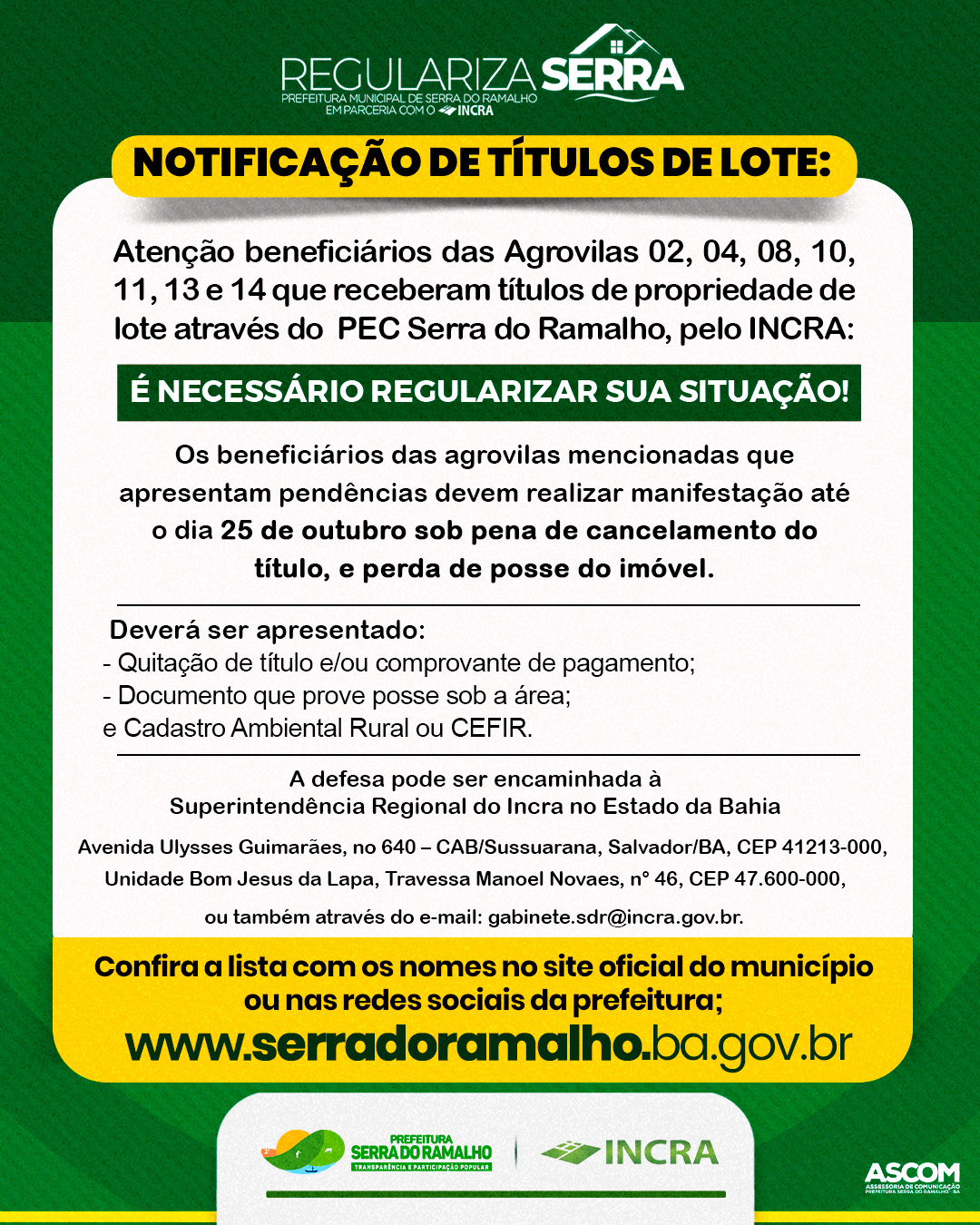 Notificação aos beneficiários do município que receberam os títulos de propriedade de lote através da PEC Serra do Ramalho que ainda não quitaram a taxa referente ao título