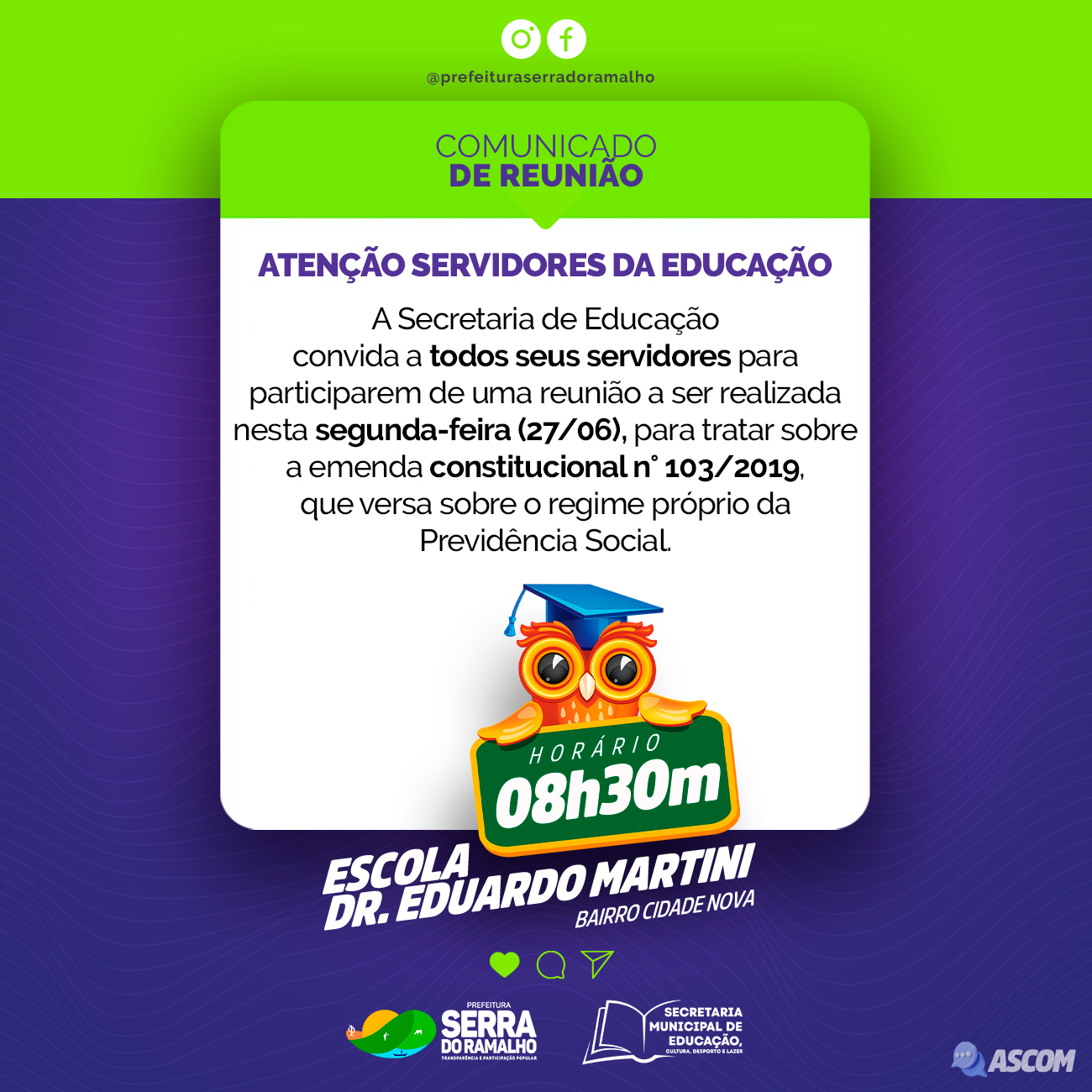 A Secretaria de Educação convoca os servidores da Educação para uma reunião sobre Emenda Constitucional