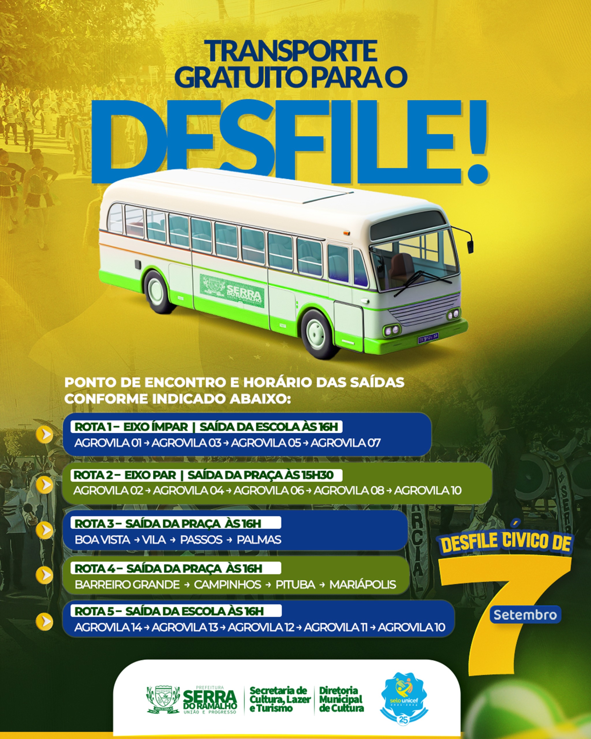 Transporte gratuito garantido para o Desfile Cívico de 7 de Setembro
