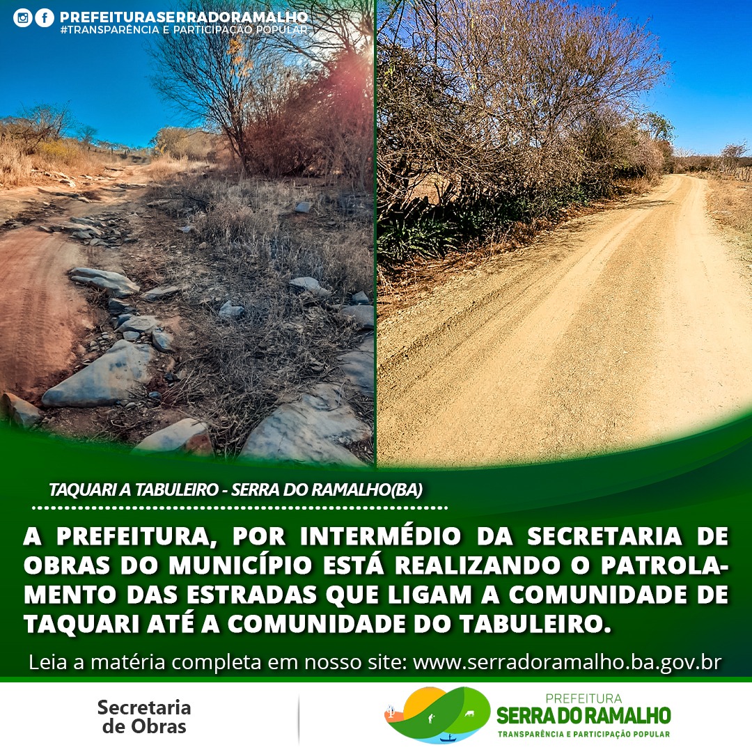 A Prefeitura, por intermédio da Secretaria de Obras do município está realizando o patrolamento das estradas que ligam a comunidade de Taquari até a comunidade do Tabuleiro.