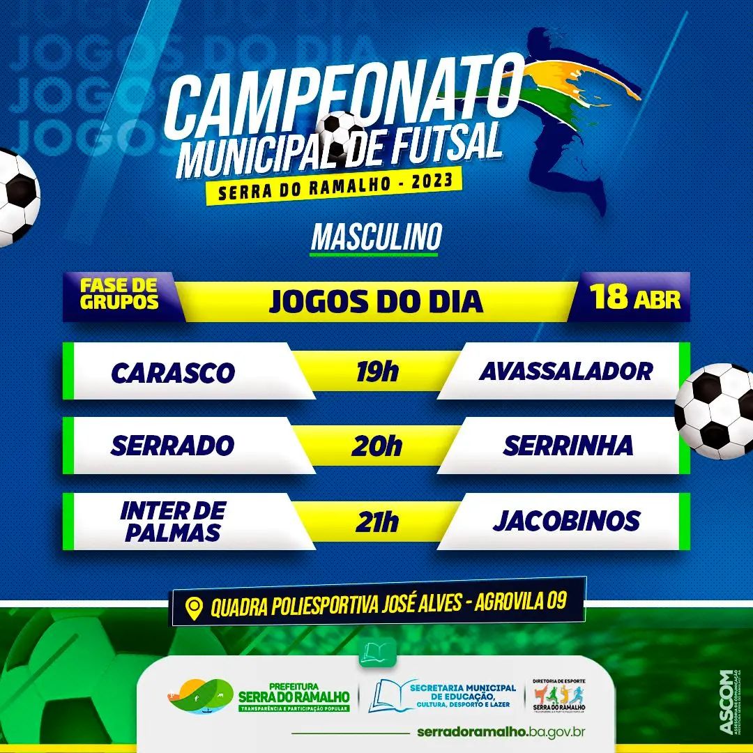 O Campeonato Municipal de Futsal segue a todo vapor! Atenção aos confrontos do dia 18/04:
