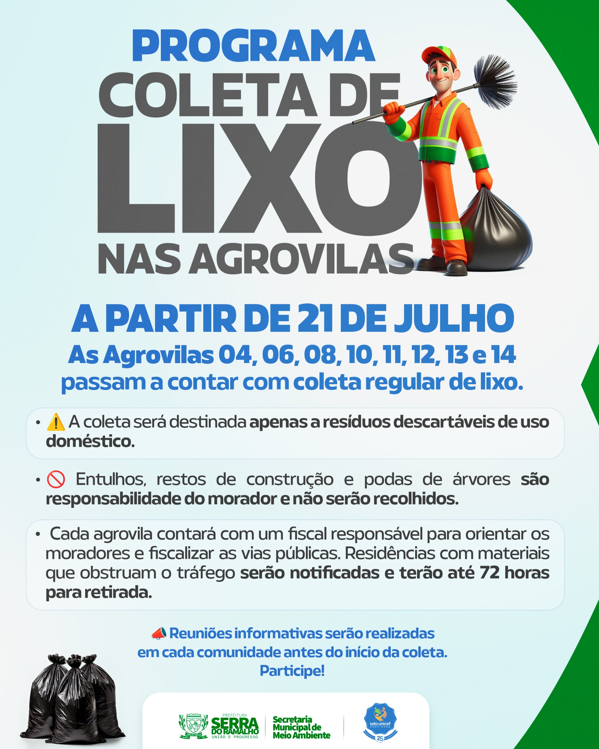 Novo serviço de coleta de lixo nas agrovilas a partir de 21 de Julho