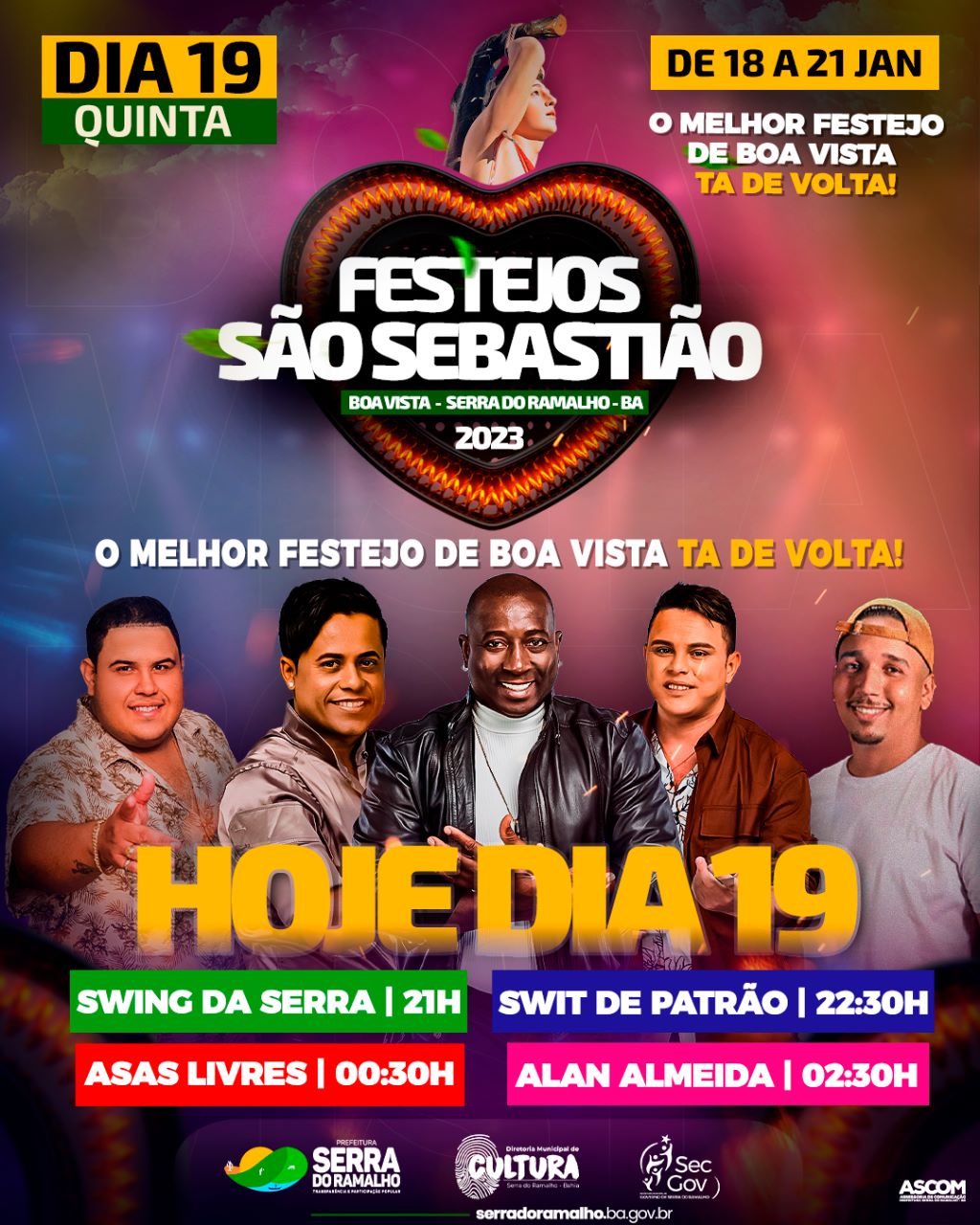 Hoje (19/01) é o segundo dia dos festejos dançantes de São Sebastião... Se liga no horário de cada atração.