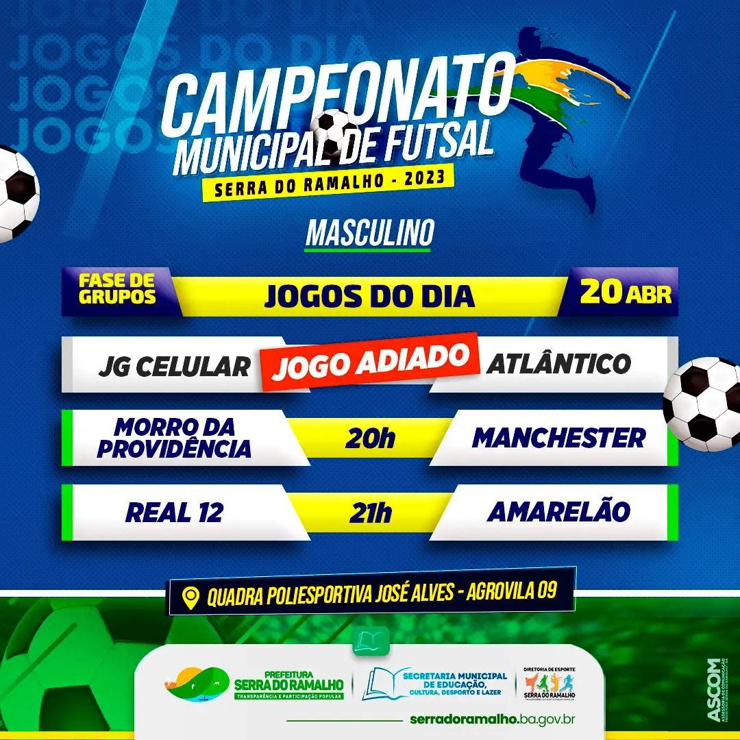 ➡ O Campeonato Municipal de Futsal segue a todo vapor! Atenção aos confrontos do dia 20: