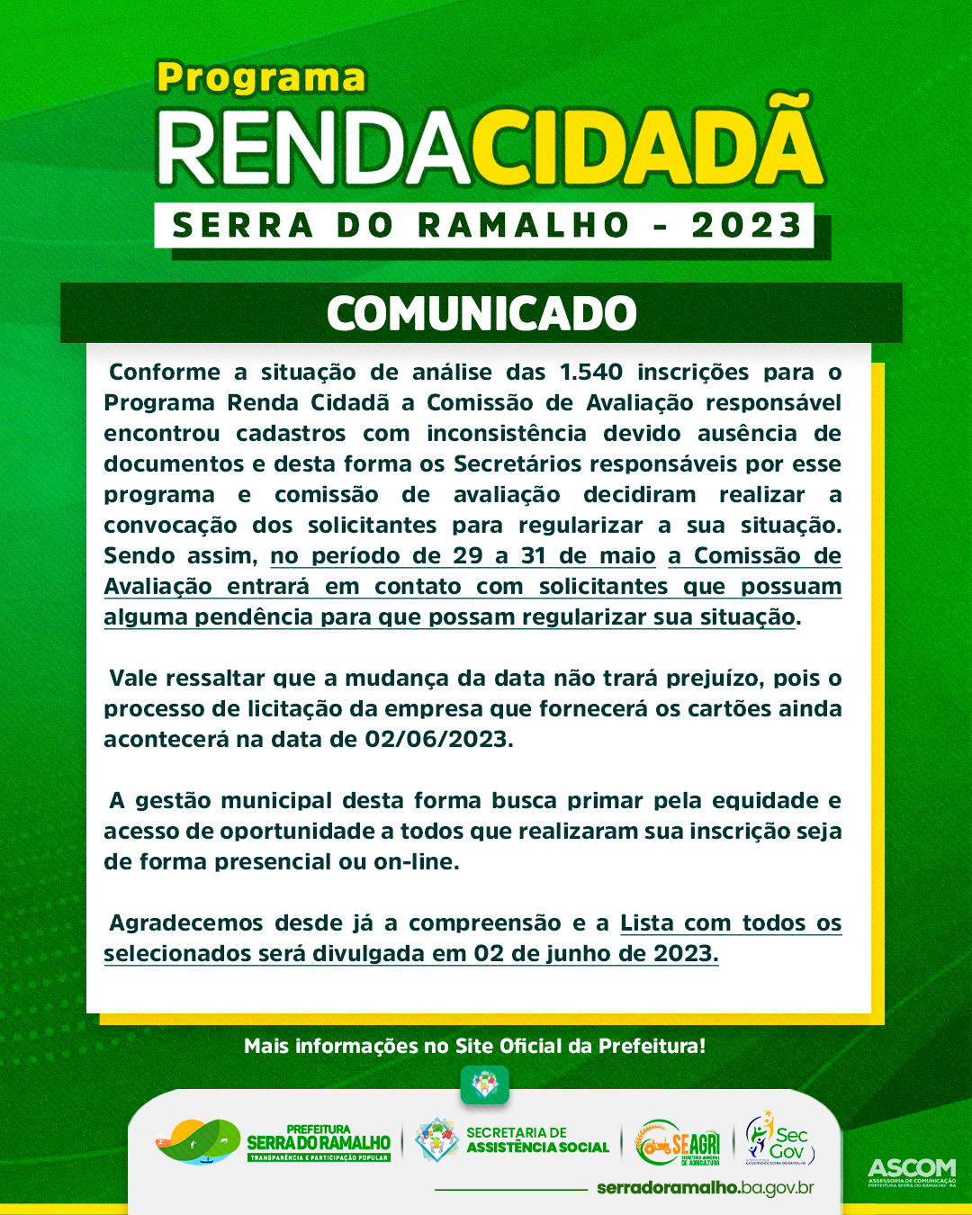 Programa Renda Cidadã - Lista com todos os selecionados será divulgada em 02 de junho de 2023.