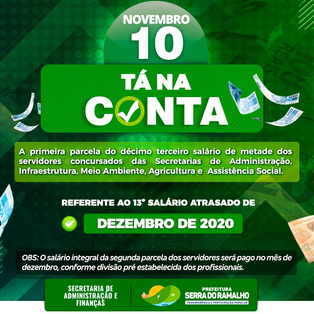 TÁ NA CONTA: A primeira parcela do décimo terceiro salário de metade dos servidores concursados das Secretarias de Administração, Infraestrutura, Meio Ambiente, Agricultura e Assistência Social, referente ao ano de 2020 foi paga hoje!