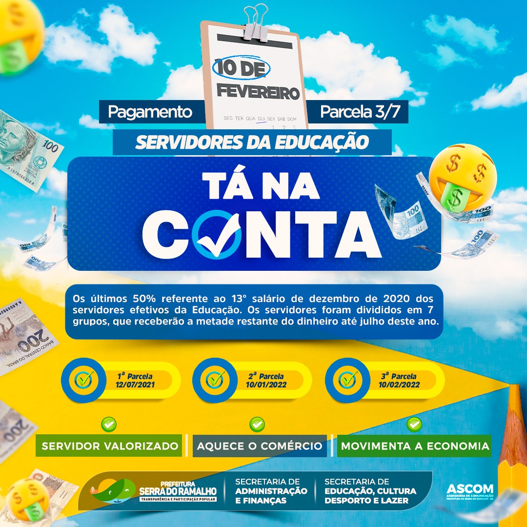 Tá na conta! O terceiro grupo de servidores efetivos da Educação recebeu nesta quinta (10) seus últimos 50% referentes ao 13° salário de dezembro de 2020, que encontrava-se atrasado desde o fim do referido an