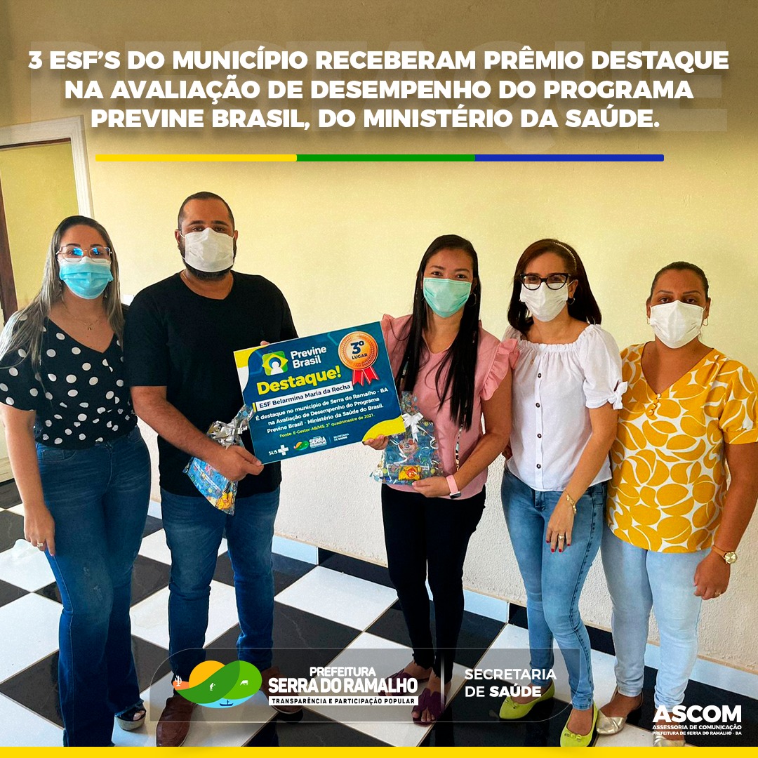 3 ESFs do município receberam prêmio destaque na Avaliação de Desempenho do Programa Previne Brasil, do Ministério da Saúde.