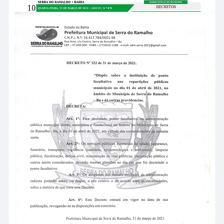 Decreto nº 322 de 31 de março de 2021