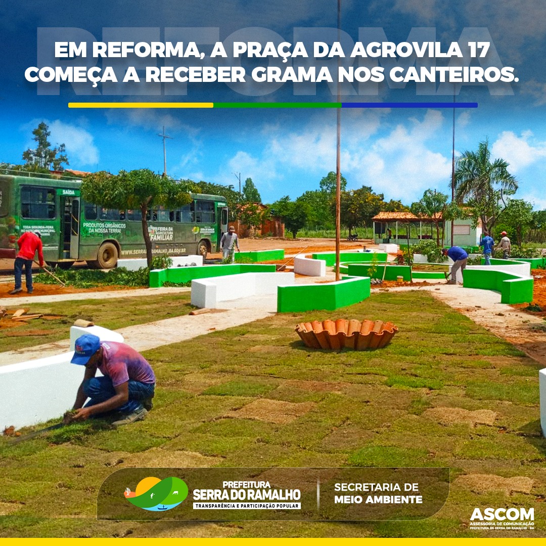 A Secretaria de Meio Ambiente deu início nesta quinta-feira (10/02) a plantação de grama nos canteiros da praça da Agrovila 17, que está passando por reparos nas últimas semanas.